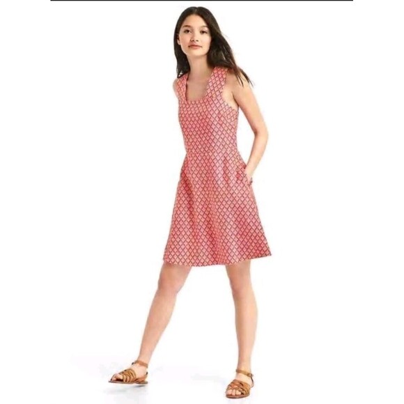 Gap Linen/Cotton Pink Diamond Weave Fit & Flare Square Neck Dress sz 4 Preppy - Picture 1 of 12